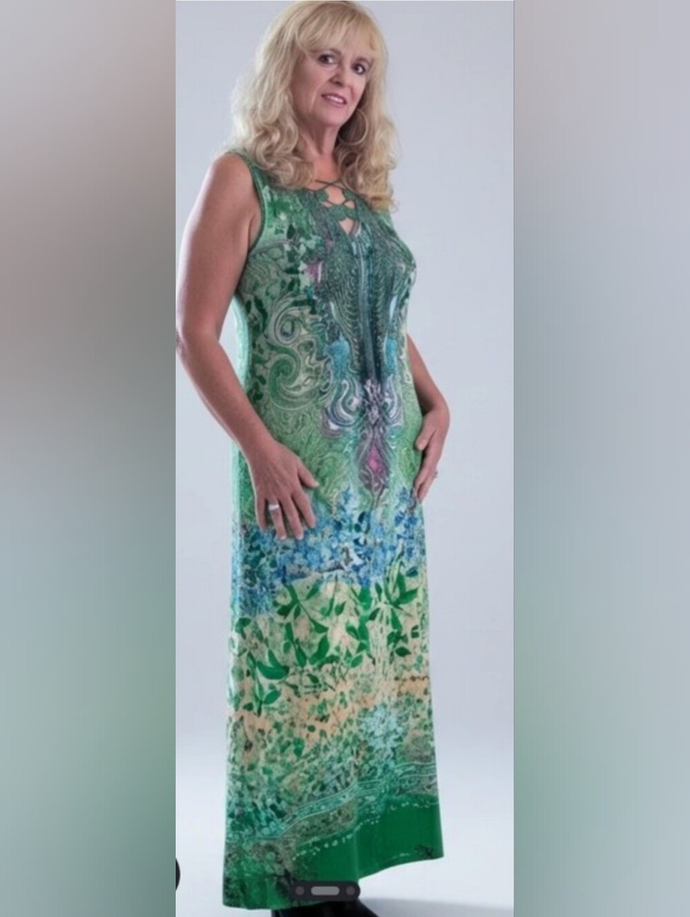 One World MAXI dress Green Blue Pink Lattice Detail Front Size S FITS 8/14